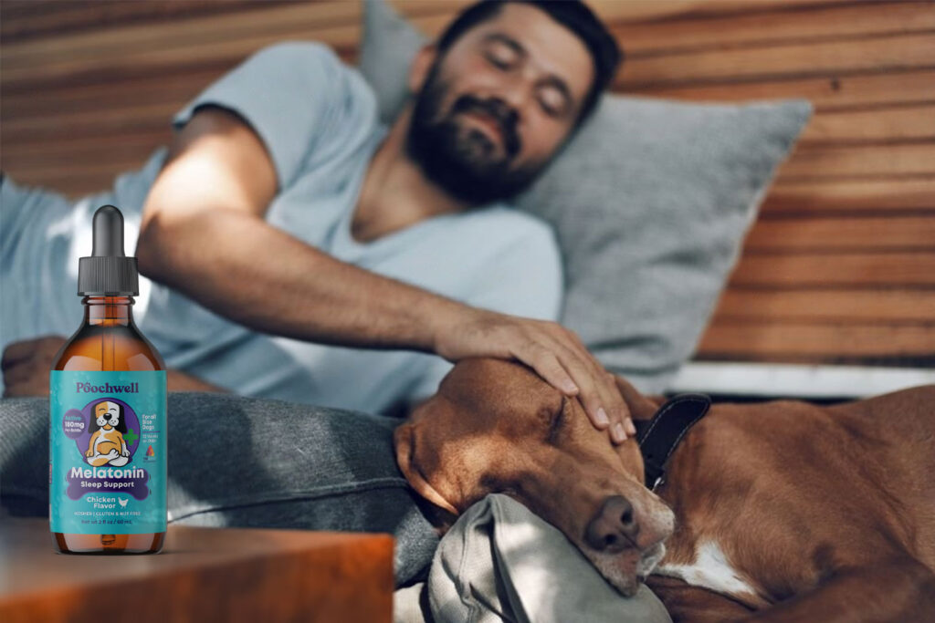 Why melatonin for dogs - Man getting restful sleep with his dog.